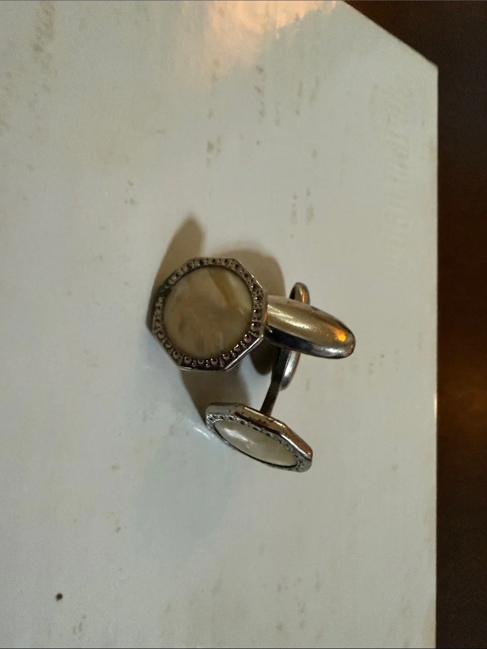 Silver Tone Cream Stone Cufflinks